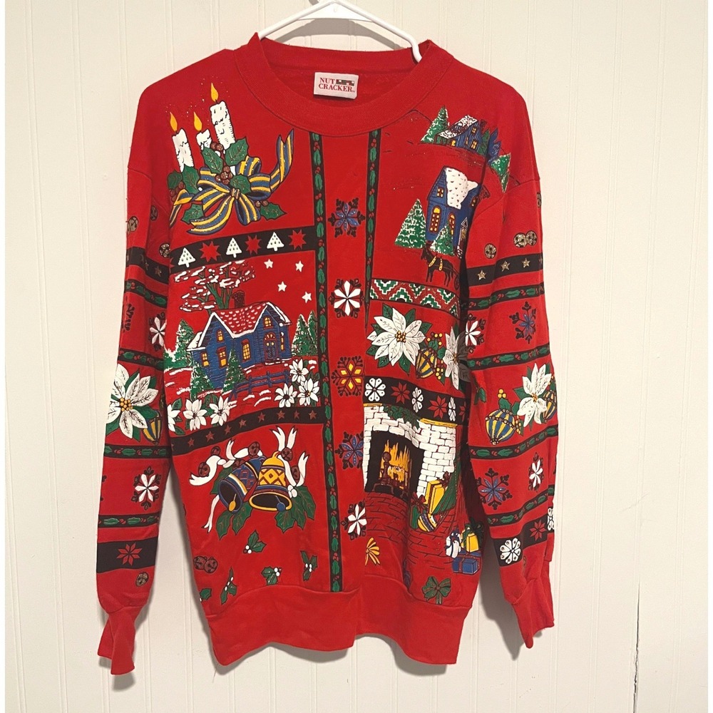 Vintage Nutcracker Sweatshirt Women Small Red Holiday Christmas Glitter Grandpa